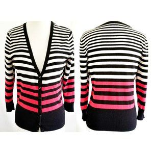 Maurices Women’s White Red Black Striped 3/4 Sleeve Cardigan Sweater Size Medium